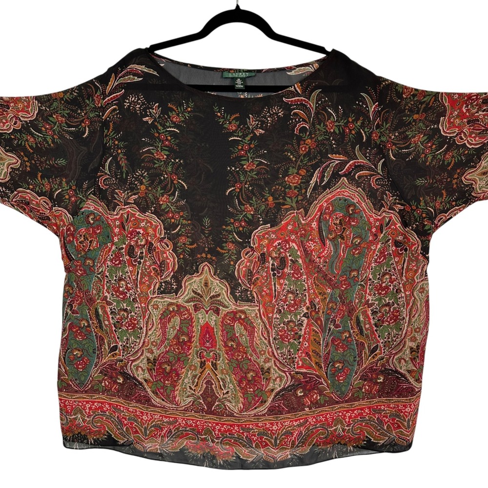 Lauren Ralph Lauren Womens 3X Paisley Floral Sheer Peasant Boho Blouse Top - Picture 6 of 12